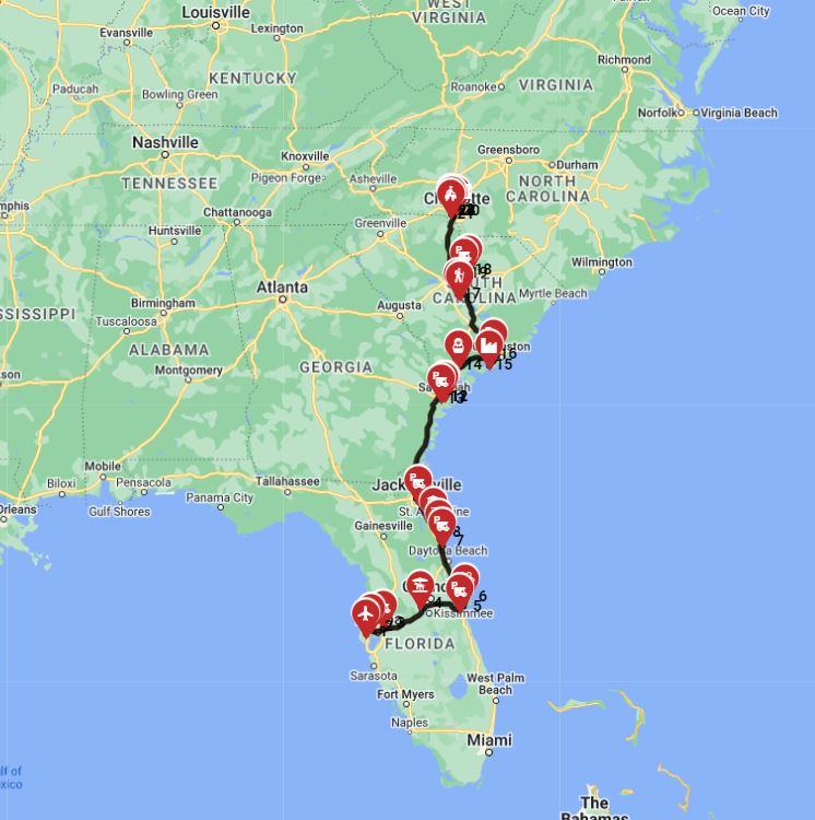 Motorhome trip route from Tampa to Charlotte